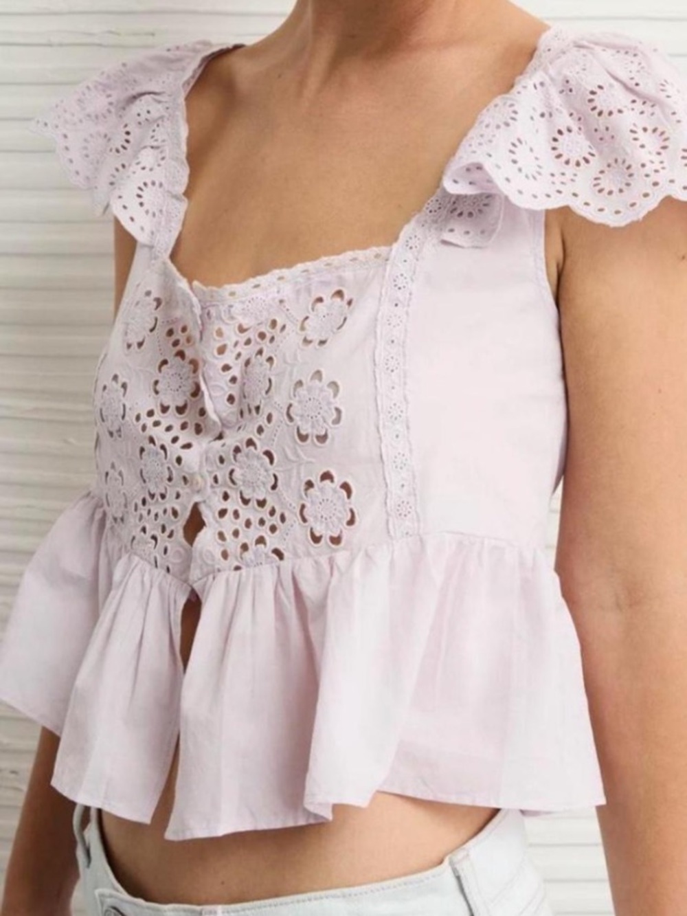 American Eagle Eyelet Embroidered Flutter Sleeve Peplum Top Lavender Purple - L